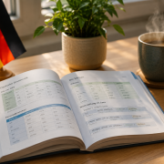 Libro de gramática abierto representando el proceso de aprender alemán