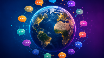 Globo terráqueo rodeado de burbujas de diálogo representando la diversidad de idiomas en el mundo