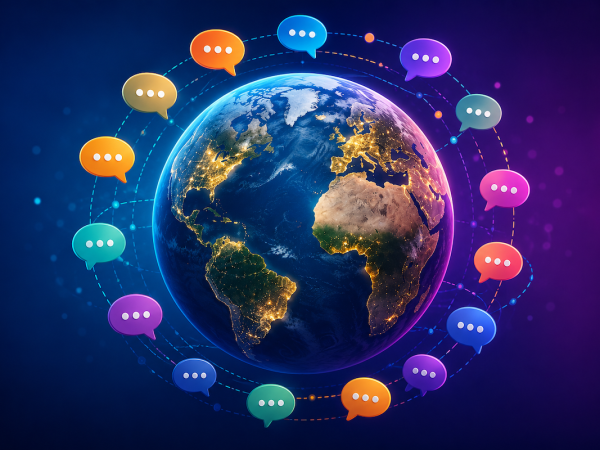 Globo terráqueo rodeado de burbujas de diálogo representando la diversidad de idiomas en el mundo