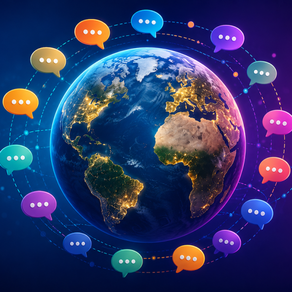 Globo terráqueo rodeado de burbujas de diálogo representando la diversidad de idiomas en el mundo