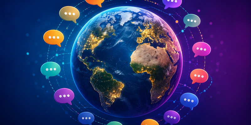 Globo terráqueo rodeado de burbujas de diálogo representando la diversidad de idiomas en el mundo