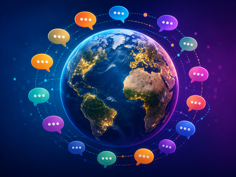 Globo terráqueo rodeado de burbujas de diálogo representando la diversidad de idiomas en el mundo