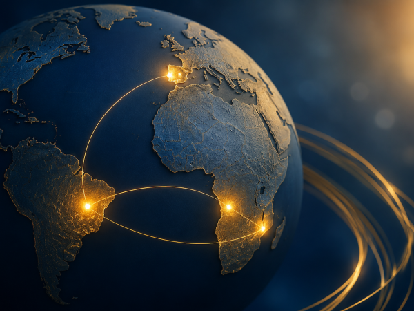 Mapa mundial iluminado mostrando los países donde se habla el idioma portugués.