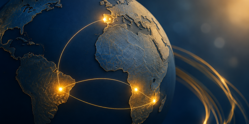 Mapa mundial iluminado mostrando los países donde se habla el idioma portugués.