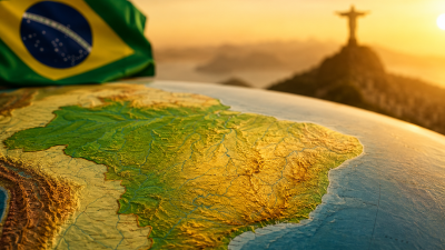Mapa de Brasil con la bandera brasileña representando el idioma portugués hablado en el país