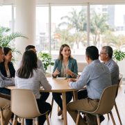 Estudiantes costarricenses en una clase de conversación en inglés con profesor internacional en San José