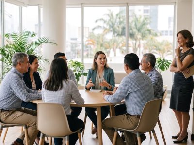Estudiantes costarricenses en una clase de conversación en inglés con profesor internacional en San José