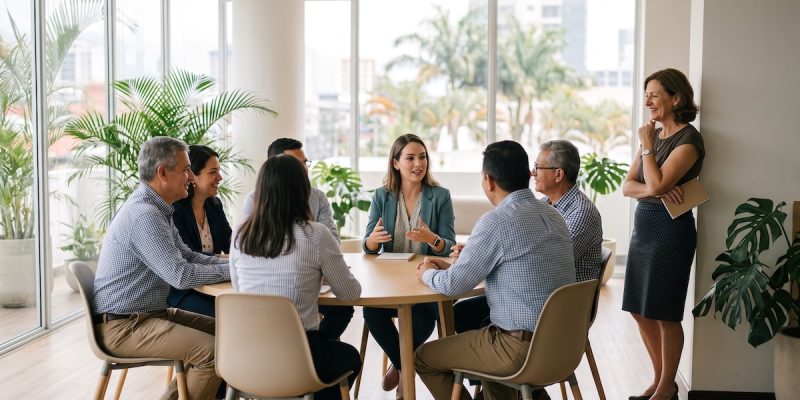 Estudiantes costarricenses en una clase de conversación en inglés con profesor internacional en San José