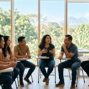 Estudiantes salvadoreños en una clase de inglés en vivo con profesor internacional en San Salvador
