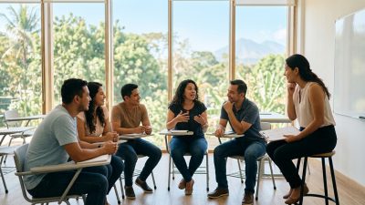 Estudiantes salvadoreños en una clase de inglés en vivo con profesor internacional en San Salvador