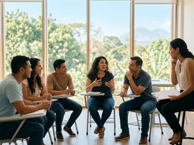 Estudiantes salvadoreños en una clase de inglés en vivo con profesor internacional en San Salvador
