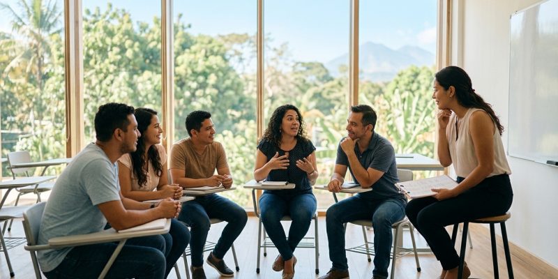 Estudiantes salvadoreños en una clase de inglés en vivo con profesor internacional en San Salvador