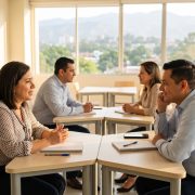 Profesionales hondureños en una clase de inglés en vivo en un aula moderna de Tegucigalpa