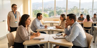 Profesionales hondureños en una clase de inglés en vivo en un aula moderna de Tegucigalpa