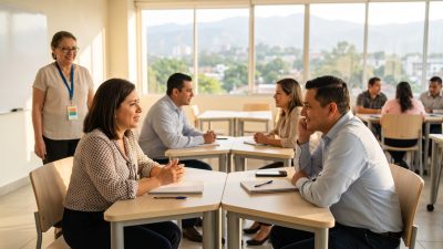 Profesionales hondureños en una clase de inglés en vivo en un aula moderna de Tegucigalpa