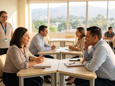 Profesionales hondureños en una clase de inglés en vivo en un aula moderna de Tegucigalpa