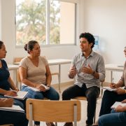 Estudiantes nicaragüenses practicando conversación en inglés con su profesora en un aula luminosa