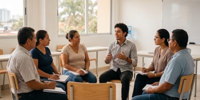 Estudiantes nicaragüenses practicando conversación en inglés con su profesora en un aula luminosa