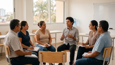 Estudiantes nicaragüenses practicando conversación en inglés con su profesora en un aula luminosa