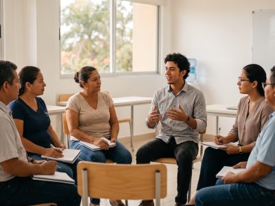Estudiantes nicaragüenses practicando conversación en inglés con su profesora en un aula luminosa