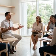 Estudiantes dominicanos practicando conversación en inglés en un aula moderna de Santo Domingo