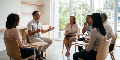 Estudiantes dominicanos practicando conversación en inglés en un aula moderna de Santo Domingo