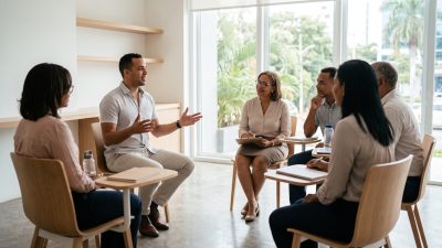 Estudiantes dominicanos practicando conversación en inglés en un aula moderna de Santo Domingo