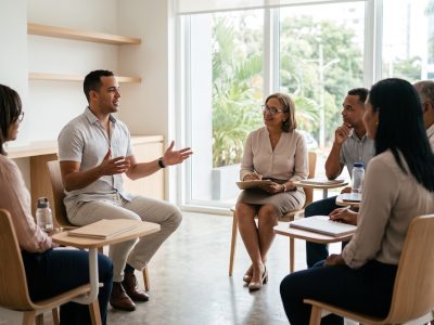 Estudiantes dominicanos practicando conversación en inglés en un aula moderna de Santo Domingo