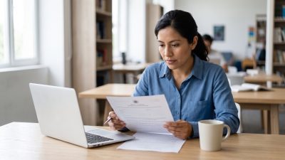 Docente mexicana revisa su certificación CENNI de la SEP junto a una laptop