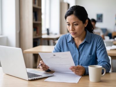 Docente mexicana revisa su certificación CENNI de la SEP junto a una laptop