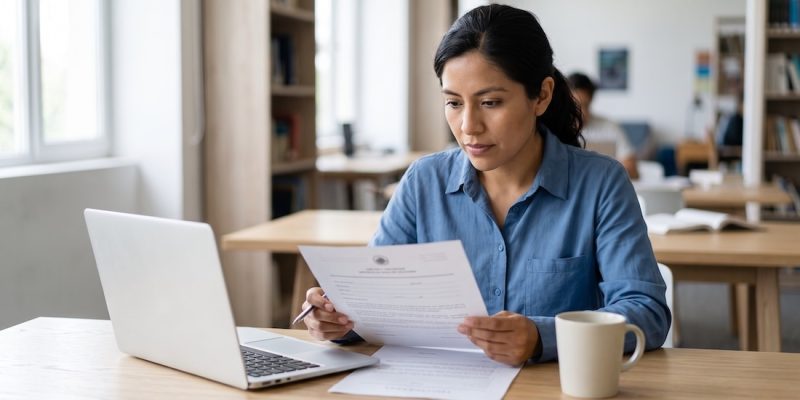 Docente mexicana revisa su certificación CENNI de la SEP junto a una laptop