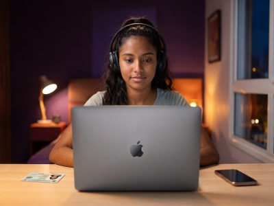 Estudiante presentando el Duolingo English Test en su computadora desde casa