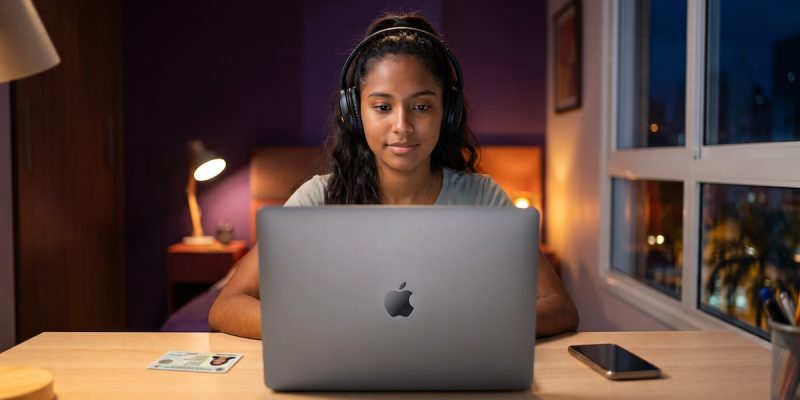 Estudiante presentando el Duolingo English Test en su computadora desde casa
