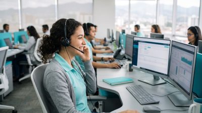 Agente bilingüe con diadema atendiendo llamadas en un call center en Costa Rica