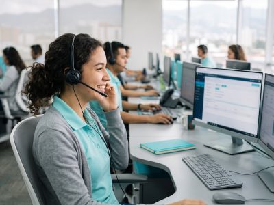 Agente bilingüe con diadema atendiendo llamadas en un call center en Costa Rica
