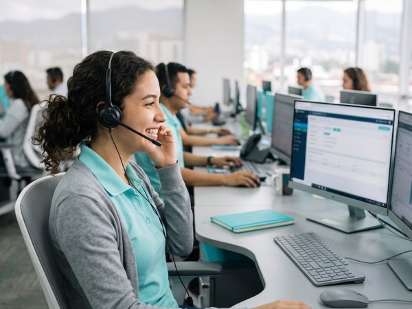 Agente bilingüe con diadema atendiendo llamadas en un call center en Costa Rica