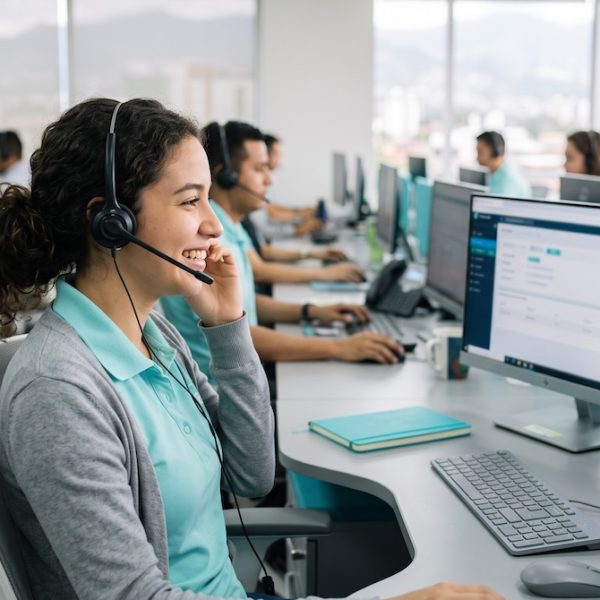 Agente bilingüe con diadema atendiendo llamadas en un call center en Costa Rica