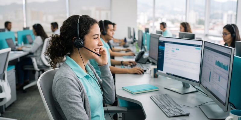 Agente bilingüe con diadema atendiendo llamadas en un call center en Costa Rica