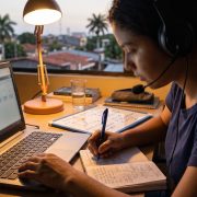 Estudiante preparando el TOEFL en Nicaragua frente a una computadora con audífonos