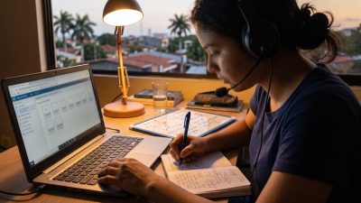 Estudiante preparando el TOEFL en Nicaragua frente a una computadora con audífonos