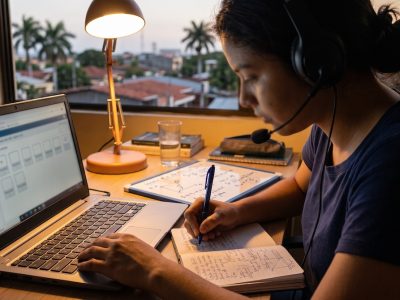 Estudiante preparando el TOEFL en Nicaragua frente a una computadora con audífonos