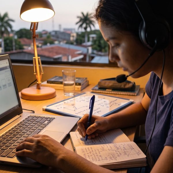 Estudiante preparando el TOEFL en Nicaragua frente a una computadora con audífonos