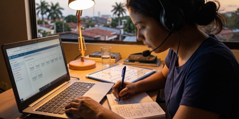 Estudiante preparando el TOEFL en Nicaragua frente a una computadora con audífonos