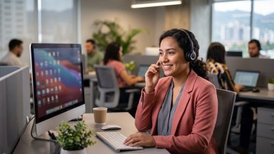 Joven salvadoreña con audífonos atiende clientes en uno de los trabajos con inglés