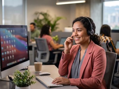 Joven salvadoreña con audífonos atiende clientes en uno de los trabajos con inglés