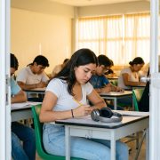 Estudiante universitaria en México resolviendo el examen TOEFL ITP en un aula