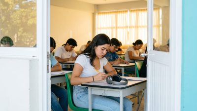 Estudiante universitaria en México resolviendo el examen TOEFL ITP en un aula