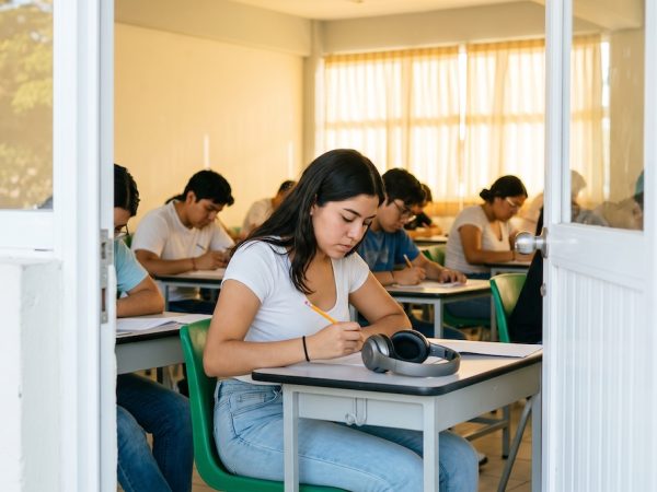 Estudiante universitaria en México resolviendo el examen TOEFL ITP en un aula