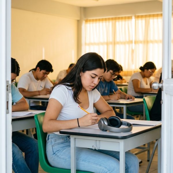 Estudiante universitaria en México resolviendo el examen TOEFL ITP en un aula