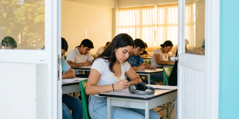 Estudiante universitaria en México resolviendo el examen TOEFL ITP en un aula